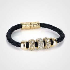Bracelet featuring black braided leather band with gold and crystal-studded beads, perfect for bridal accessories.