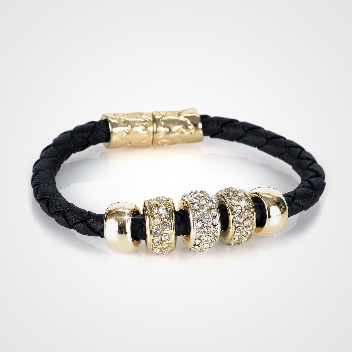 Bracelet featuring black braided leather band with gold and crystal-studded beads, perfect for bridal accessories.