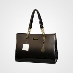 Stylish black patent leather handbag with gold chain straps and decorative charms, perfect for formal occasions or bridal accessories.