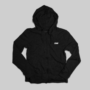 Black hoodie with front zipper and hood, featuring a small white "DNK" logo on the chest. Perfect for casual wear and comfortable style.