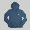 Blue hoodie with front zipper and drawstring hood, featuring a small white logo on the chest. Perfect for casual wear and comfortable everyday style.