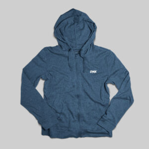 Blue hoodie with front zipper and drawstring hood, featuring a small white logo on the chest. Perfect for casual wear and comfortable everyday style.