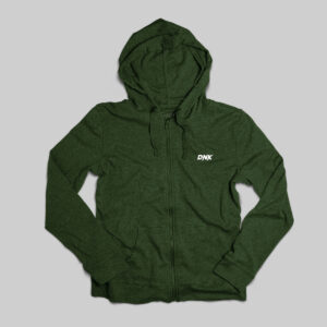 Comfortable green zip-up hoodie with a small white logo on the chest, perfect for casual wear and outdoor activities.