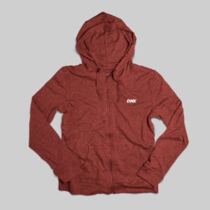 Cozy red zip-up hoodie with white embroidered logo, perfect for casual wear and outdoor activities, available at Yes I Do Bridal for stylish comfort.