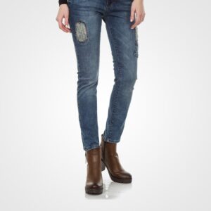 Stylish distressed denim jeans paired with brown ankle boots, perfect for casual or semi-formal occasions.