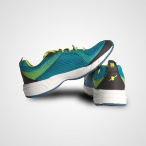 Blue and green athletic running shoes for men with breathable mesh upper and cushioned sole, ideal for running and sports activities.
