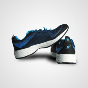 Athletic running shoes in blue and black with white soles, designed for comfort and performance. Perfect for running, jogging, and sports activities.