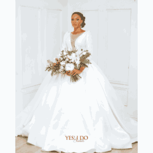 Maria satin A-line wedding dress with embellished neckline and elegant detailing, available at Yes I Do Bridal Lekki, Lagos, Nigeria