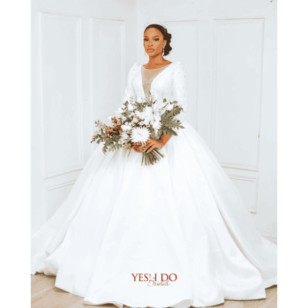 Maria satin A-line wedding dress with embellished neckline and elegant detailing, available at Yes I Do Bridal Lekki, Lagos, Nigeria