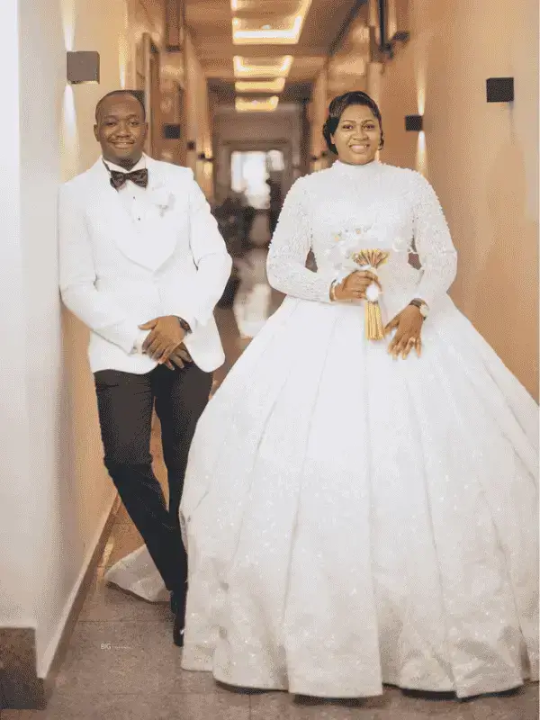 Mary luxury wedding gown featuring elegant lace detail and a flattering silhouette, available at Yes I Do Bridal Lekki, Lagos, Nigeria