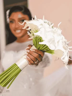 Luxury bridal bouquet with blush and ivory flowers, available at Yes I Do Bridal Lagos showroom