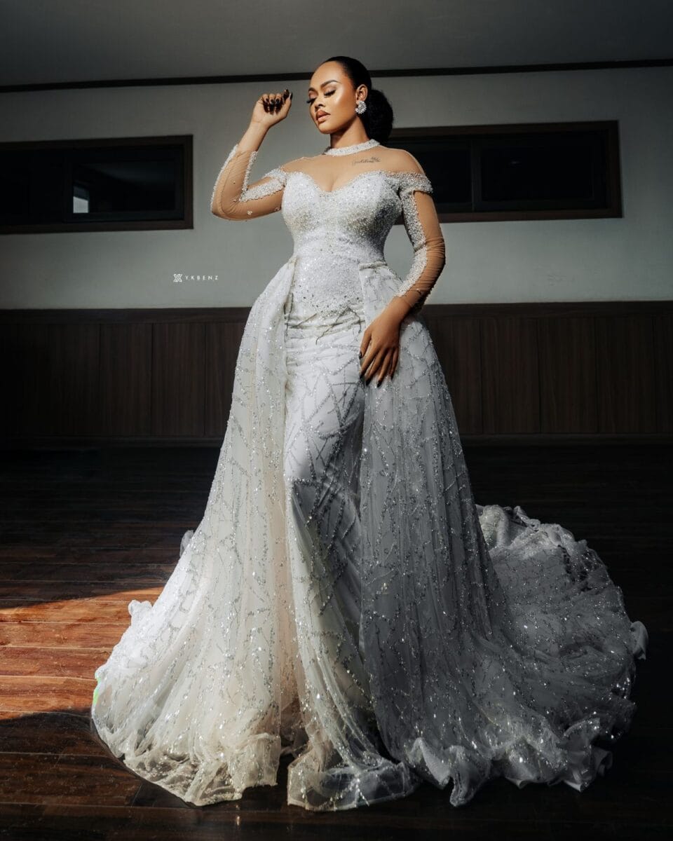 Elegant wedding dress featuring intricate lace and beadwork, perfect for brides seeking a timeless and sophisticated look.