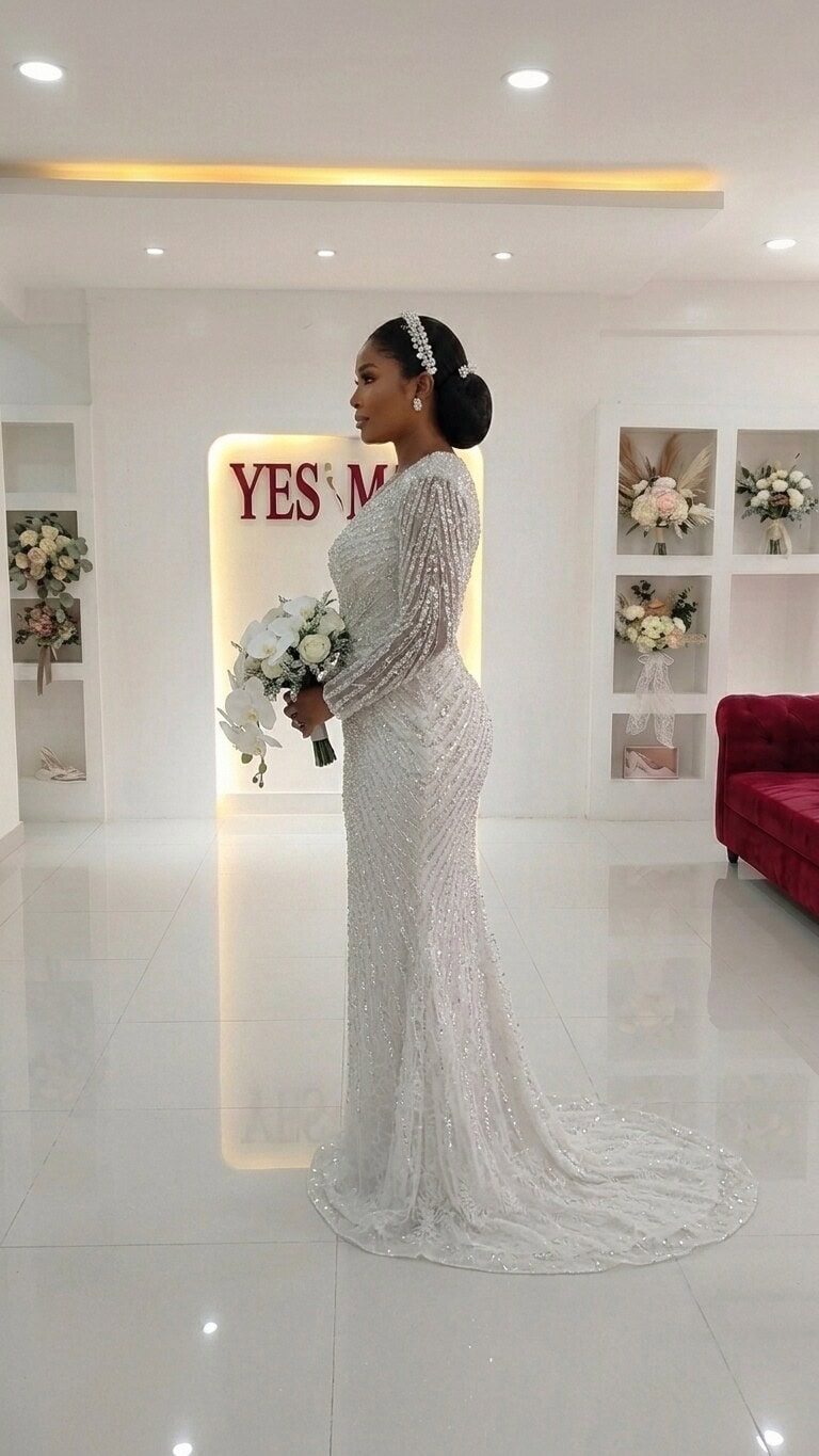 Side view of the Gabriella wedding gown